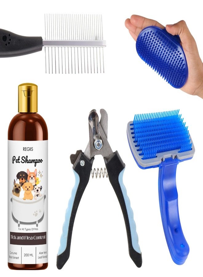 REGIIS Pet Grooming Kit, 5-Piece Set with Tick and Flea Control Shampoo, Dog Nail Clippers, Self-Cleaning Slicker Brush, Metal Comb, Blue Palm Brush for Dogs and Cats - Image 1